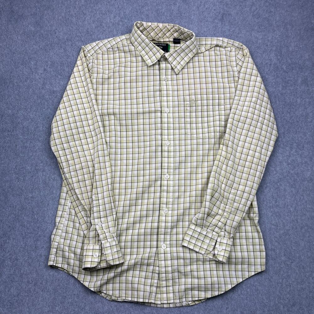 dockers stain defender button‎ down shirt beige plaid classic mens medium